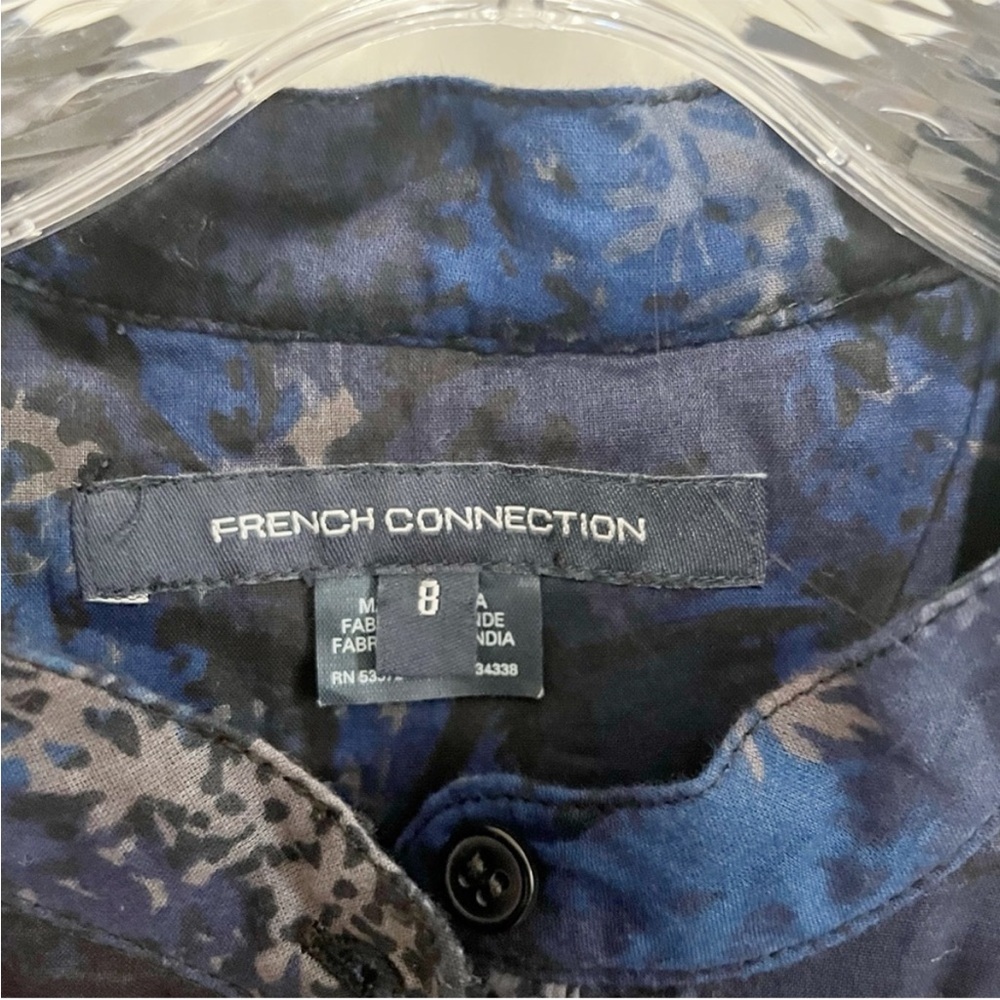 French Connection top blue black floral trees sequins cap sleeves buttons - Picture 6 of 8